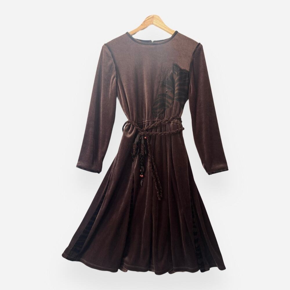 VINTAGE Women's Brown Velvet Horse Equestrian Cowgirl Dress Western Boho